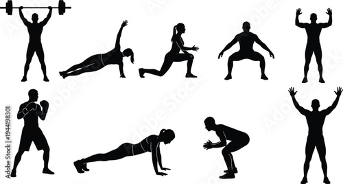 Collection of black fitness silhouettes including weightlifting squatting pushups lunges and boxing icons isolated on white background for gym workout and healthy lifestyle concept