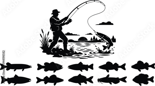 Fisherman and Fish Silhouettes Vector and various fish