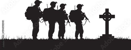 Silhouette of soldiers with cross grave vector