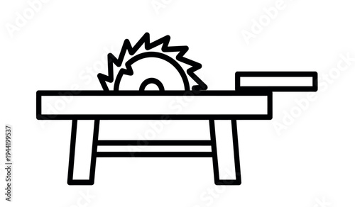 A simple line drawing of a table saw with a visible blade and fence