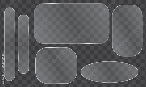 Assorted Glass Plates and Buttons: A collection of sleek glass plates and buttons of various sizes and shapes on a transparent checkered background, ideal for overlaying on digital designs.