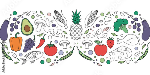 Hand drawn vector illustration of an Easter egg decorated with flowers, leaves, strawberries and raspberries in a colorful seamless floral nature design.