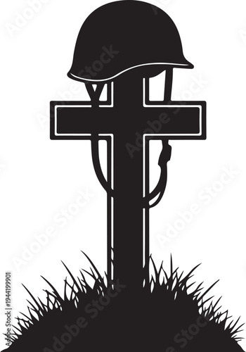 Vector silhouette of military helmet on cross grave marker