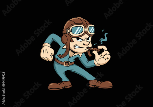 Vintage Cartoon Pilot Smoking Pipe with Goggles and Helmet.