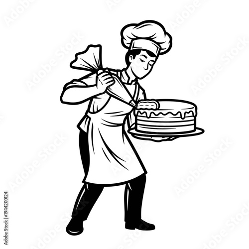 Skilled baker decorating a delicious cake with a piping bag.