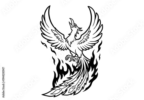 Majestic Phoenix Rising from Flames Line Art Illustration.