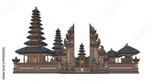 Traditional Balinese Temple Gate with Meru Towers, An Architectural Icon of Indonesian Culture and Spirituality
