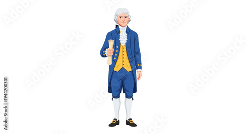 Cartoon illustration of a man in 18th-century blue and yellow attire with a white wig, holding a rolled document, standing against a white background.