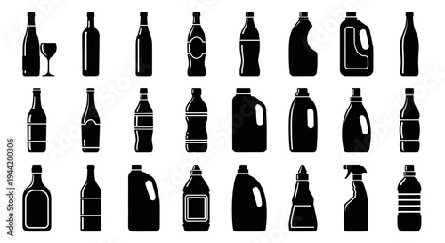 Collection of various plastic and glass bottles, including wine, water, and cleaning product containers