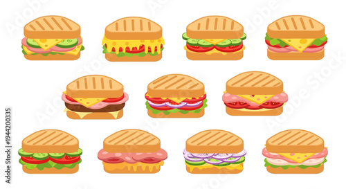 A collection of various grilled sandwiches, including paninis with diverse fillings like cheese, ham, and vegetables, arranged on a white background.