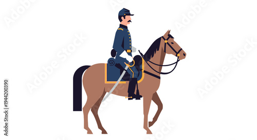 Illustration of a historical military officer in a blue uniform riding a brown horse, holding a saber.