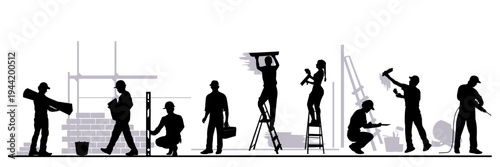 People silhouettes. Panorama, people are engaged in repairs and construction. Vector illus