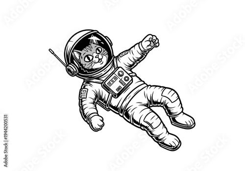 Whimsical Cat Astronaut Floating in Outer Space Illustration.