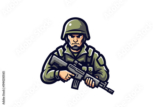 Soldier in full combat gear holding a rifle, ready for action.