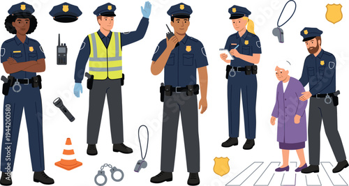 Police Officer Cartoon Vector Set with Different Poses Traffic Control Patrol Communication and Helping Elderly Person Law Enforcement Characters Collection