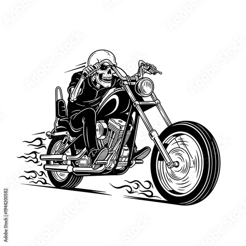 Skeleton riding a classic chopper motorcycle with flames.