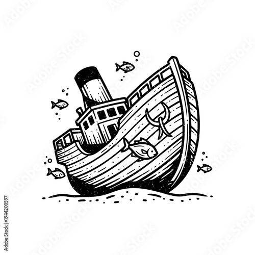 Cartoon illustration of a sinking shipwreck with fish swimming around.