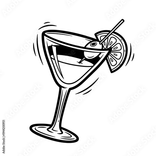 Classic Martini Cocktail with Olive and Lemon Slice Illustration.