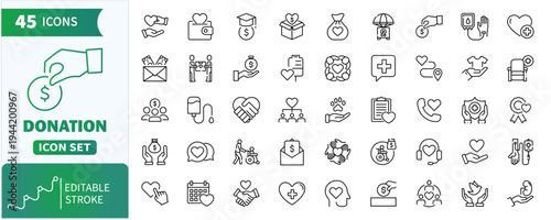 Charity and Donation Outline Icon Set – Volunteering, Giving Support, Friendship and Fundraising Thin Line Vector Icons for Web, Infographic and Social Projects