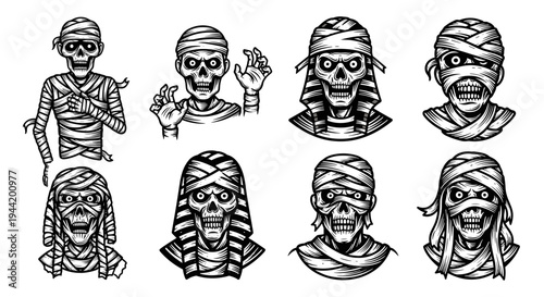 Set of eight vintage mummy illustrations for Halloween and horror themes.