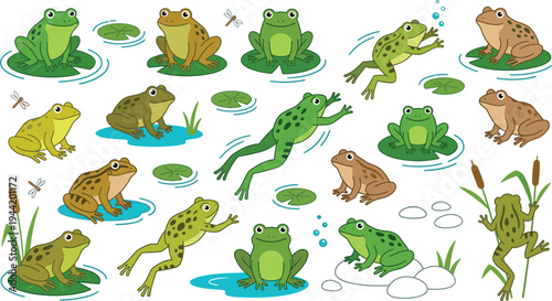 Cute Frog Cartoon Vector Set with Different Poses Jumping Sitting Swimming on Lily Pads in Pond Isolated Collection for Children Illustration and Nature Design