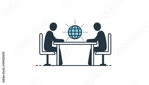 Two business figures converse across a table with a glowing digital globe symbolizing international communication and global strategy.
