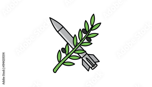 A military rocket projectile is crossed with a vibrant green olive branch symbolizing the opposing forces of war and peace.