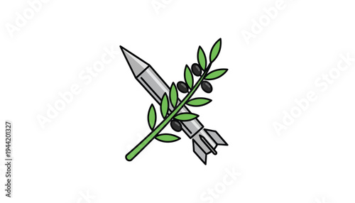 A missile crosses behind an olive branch symbolizing the difficult balance between conflict and peace negotiations.