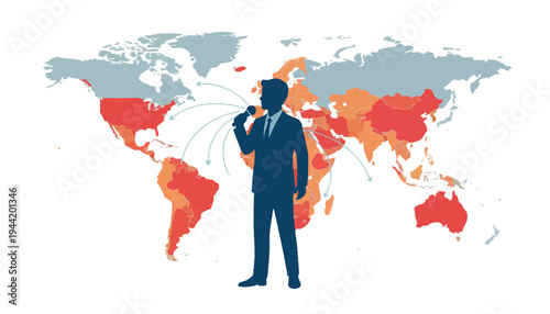 Businessman silhouette speaking into a microphone stands against a colored world map highlighting global economic or political activity zones.
