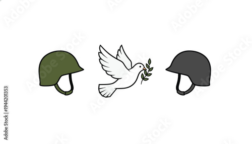 Dove carrying an olive branch flies between two military helmets symbolizing the transition from conflict to global peace.