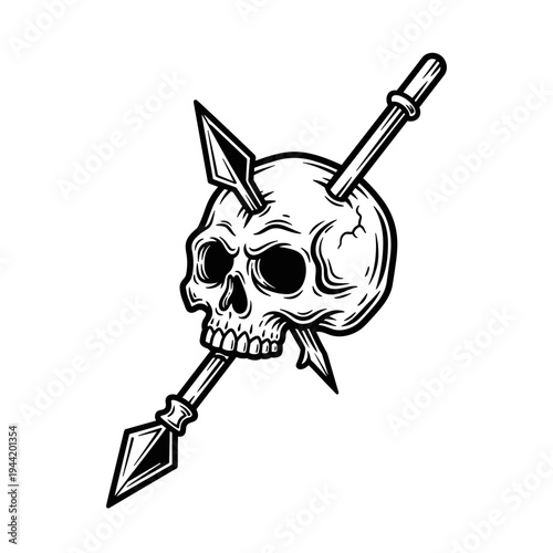 Skull pierced by spear in black and white illustration.