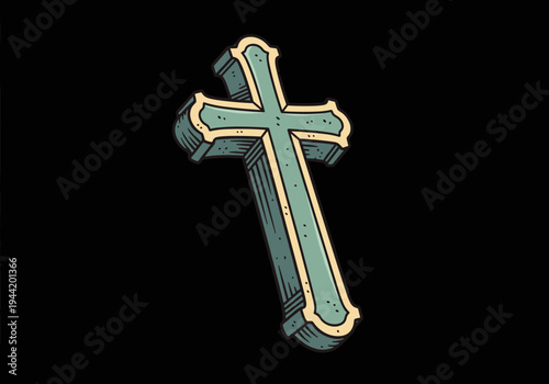 Stylized 3D Cross with Green and Gold Accents.