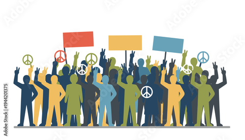 Diverse crowd of people holding peace signs and blank protest placards demonstrates a unified movement advocating for social change and tranquility.