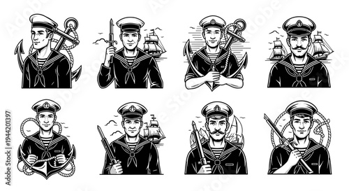 Collection of vintage sailor portraits in various poses and with nautical elements.