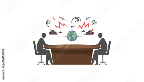 Two diplomats sit opposite each other at a table debating global conflict symbolized by an angry Earth and missiles overhead.