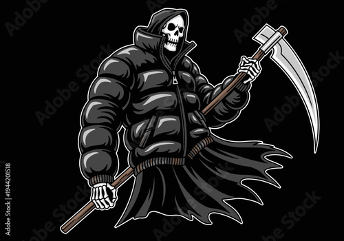 Grim Reaper in Puffer Jacket Holding Scythe.