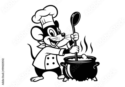 Happy cartoon mouse chef stirring a pot with a spoon.