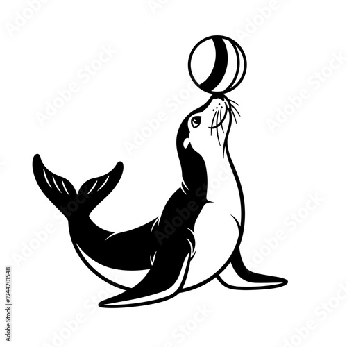 Playful Sea Lion Balancing Ball on Nose Black and White Illustration.