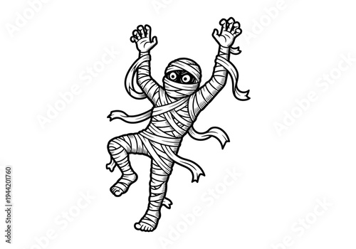 Spooky Halloween Mummy Character with Bandages and Raised Arms.