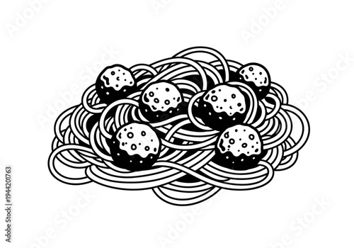 Classic Spaghetti and Meatballs Dish Hand Drawn Illustration.