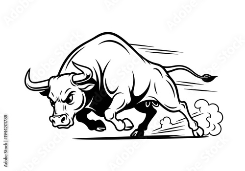 Powerful charging bull in dynamic black and white illustration.