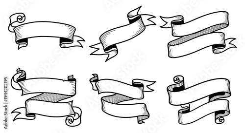 Hand drawn vintage ribbon banners set for design elements.