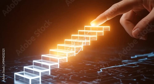 Human finger touches a glowing top step on a digital circuit path, symbolizing progress