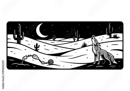 Coyote howling at the moon in a desert landscape.