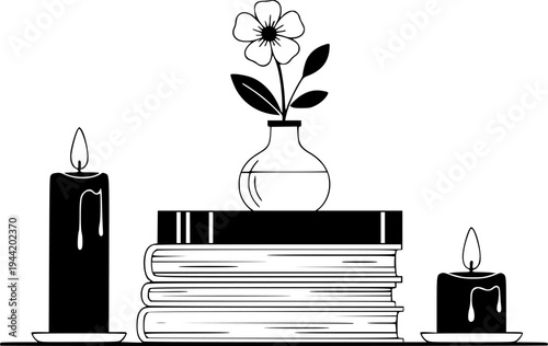 Peaceful scene with lit candles, a vase of flowers, and stack of books for quiet contemplation and relaxation – Black and White Vector Illustration