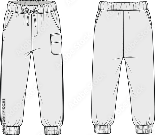 Jogger pants sketch, elastic waistband fashion illustration, drawstring garment design template, apparel construction drawing, clothing pattern reference, casual sporty outfit silhouette