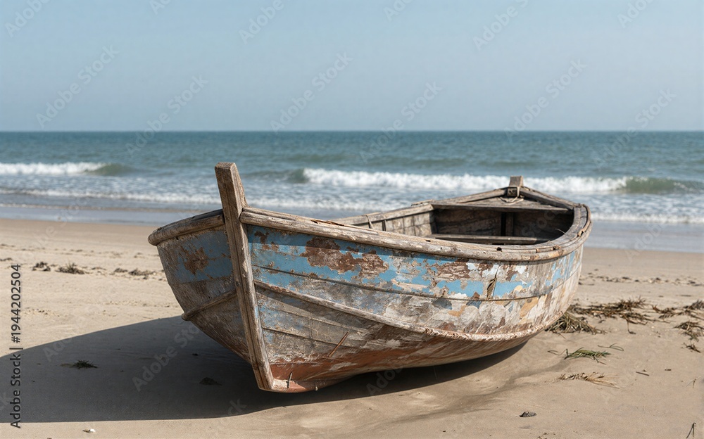 Fototapeta Weathered boats rest on sandy beach waves roll in gently behind them.
