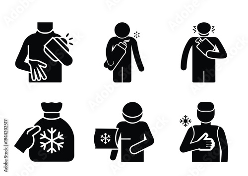 Black Pictogram Set Representing Methods of Body Cooling During Summer Season