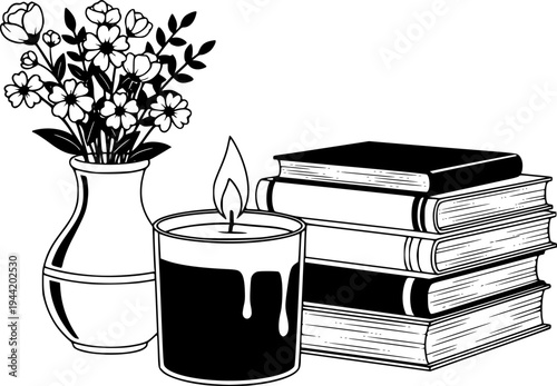 Peaceful scene with lit candles, a vase of flowers, and stack of books for quiet contemplation and relaxation – Black and White Vector Illustration