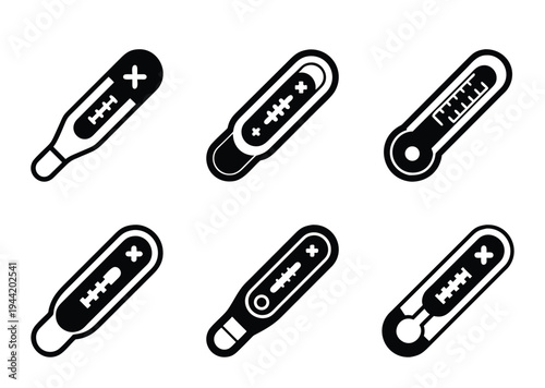 Illustrations of different types of thermometers used for medical purposes and health